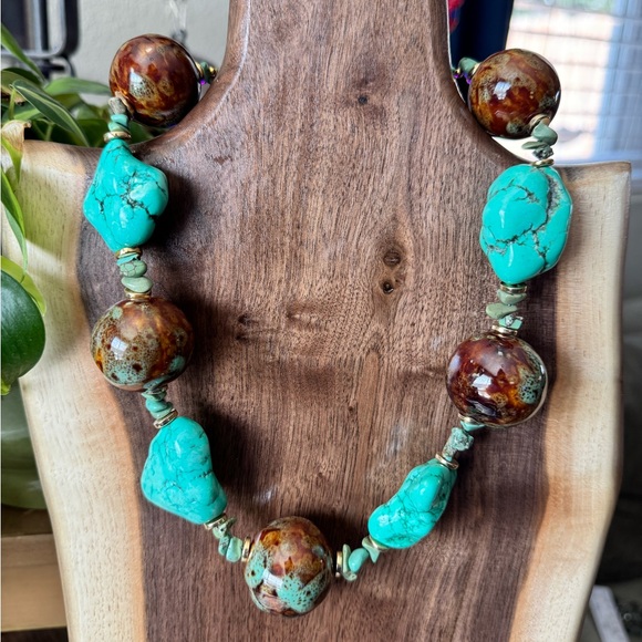 Handmade Jewelry - Handmade Turquoise Natural Stone and Ceramic Brown Beaded Necklace